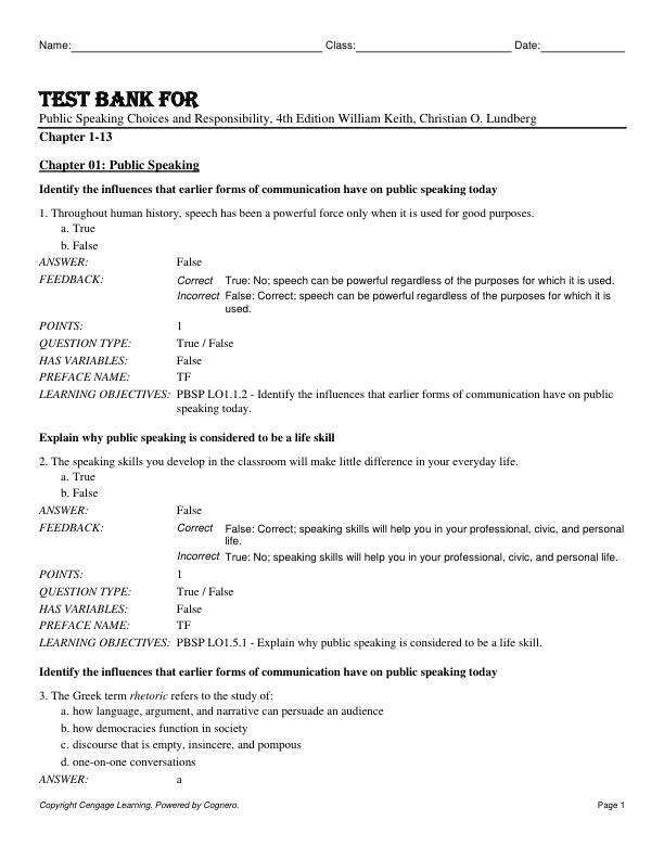 Test Bank For Public Speaking Choices and Responsibility, 4th Edition William Keith, Christian O. Lundberg Chapter(1-13)