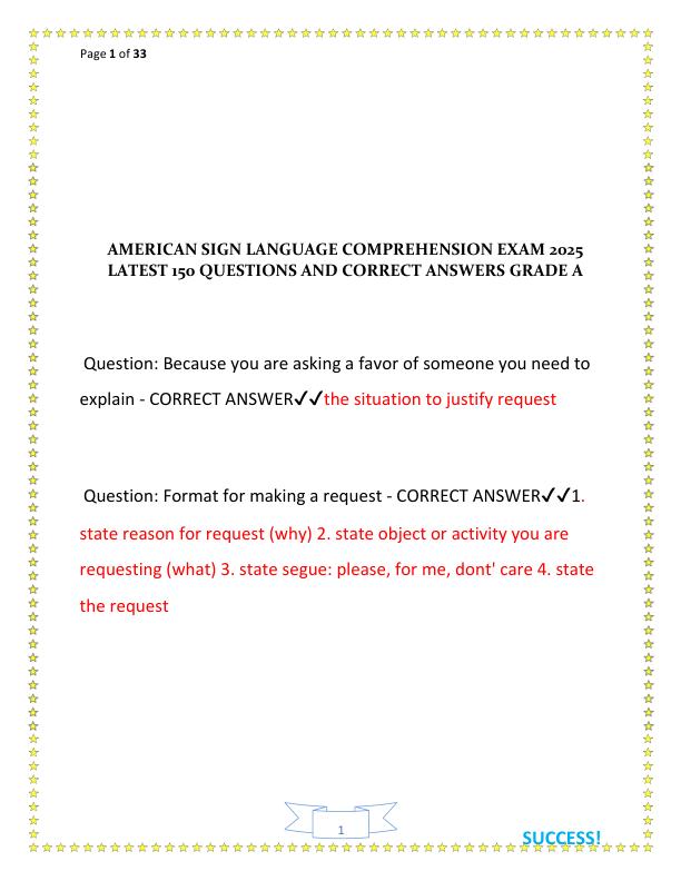 AMERICAN SIGN LANGUAGE COMPREHENSION EXAM 2025 LATEST 150 QUESTIONS AND CORRECT ANSWERS GRADE A