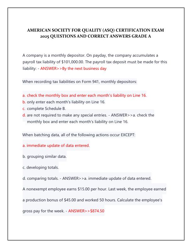 AMERICAN SOCIETY FOR QUALITY (ASQ) CERTIFICATION EXAM 2025 QUESTIONS AND CORRECT ANSWERS GRADE A