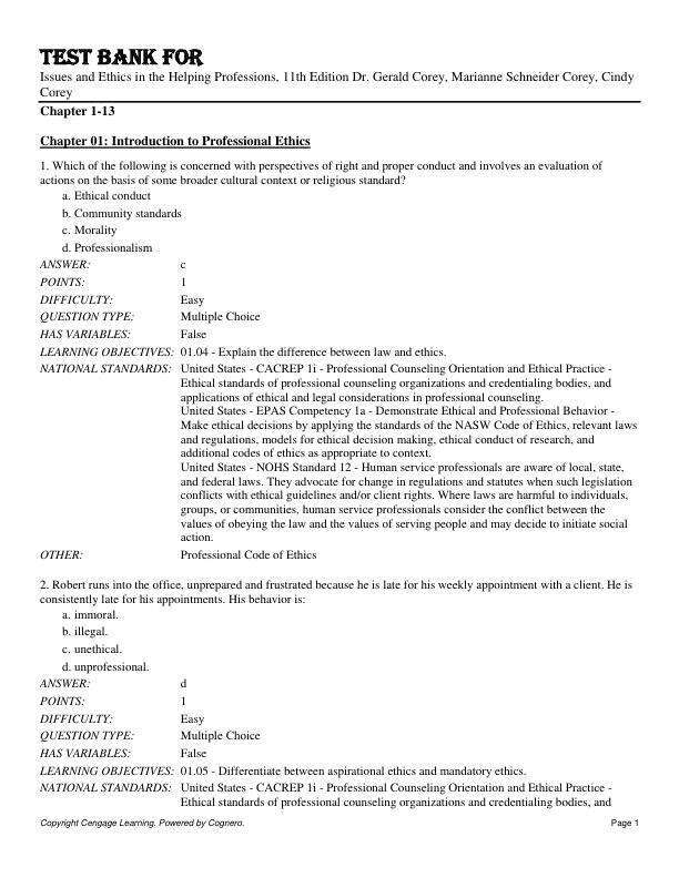 Test Bank For Issues and Ethics in the Helping Professions, 11th Edition by Dr. Gerald Corey, Marianne Schneider Corey, Cindy Corey Chapter 1-13