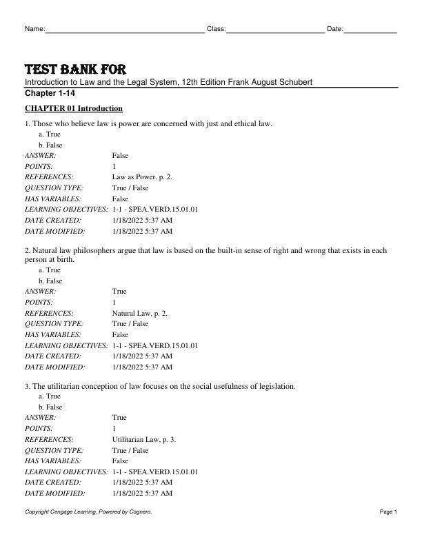 Test Bank For Introduction to Law and the Legal System, 12th Edition by Frank August Schubert Chapter 1-14