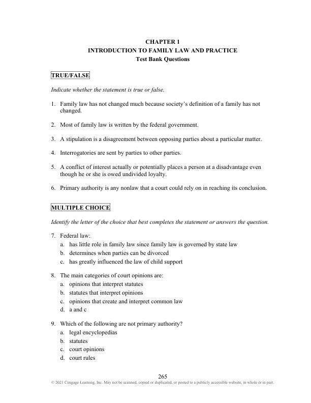 Test Bank For Family Law, 7th Edition by William P. Statsky Chapter 1-17