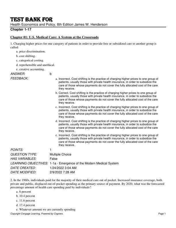Test Bank For Health Economics and Policy, 8th Edition by James W. Henderson Chapter 1-17