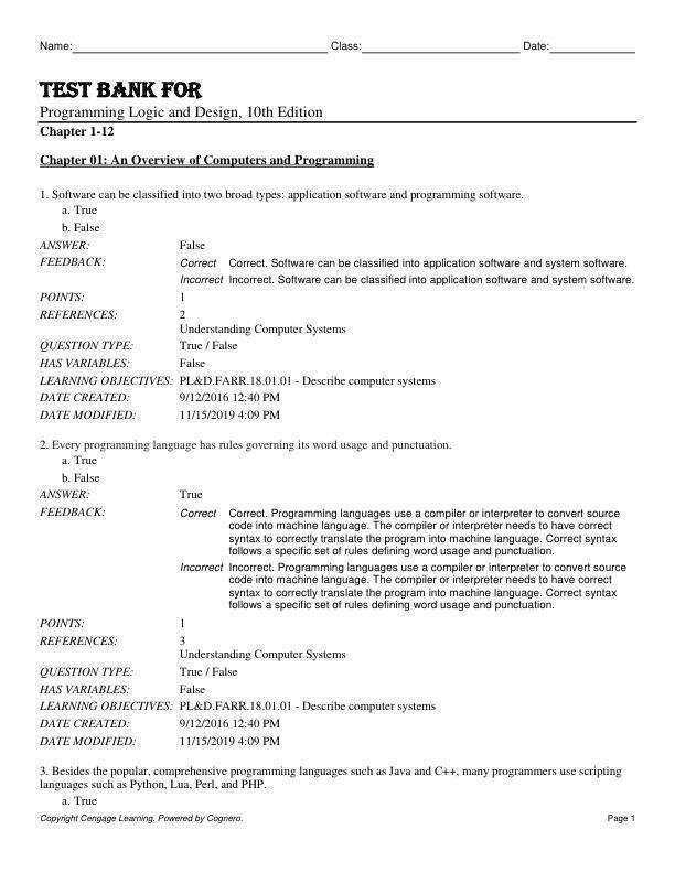Test Bank For Programming Logic and Design, 10th Edition by Chapter 1-12