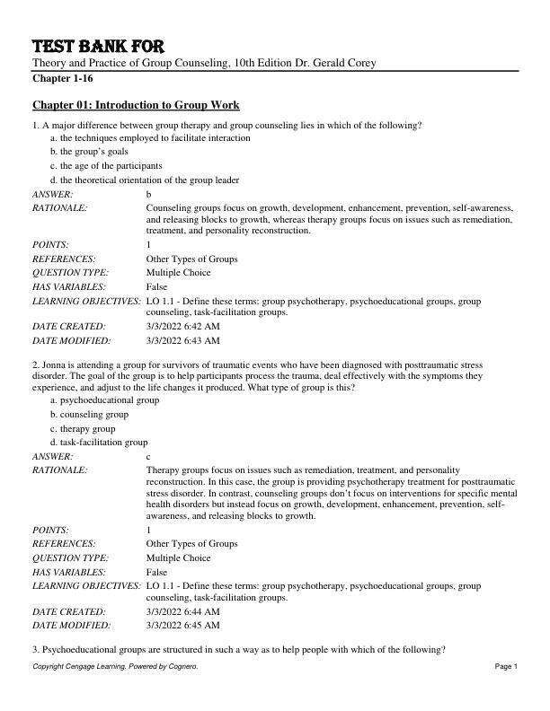 Test Bank ForTheory and Practice of Group Counseling, 10th Edition by Dr. Gerald Corey Chapter 1-16