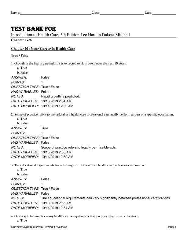 Test Bank For Introduction to Health Care, 5th Edition by Lee HarounDakota Mitchell Chapter 1-26