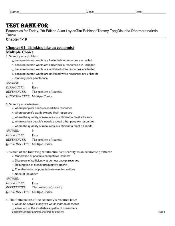 Test Bank For Economics for Today, 7th Edition Allan LaytonTim RobinsonTommy TangDinusha DharmaratnaIrvin Tucker Chapter 1-19