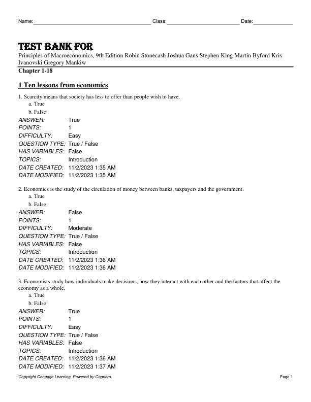 Test Bank For Principles of Macroeconomics, 9th Edition by Robin StonecashJoshua GansStephen KingMartin ByfordKris IvanovskiGregory Mankiw Chapter 1-18