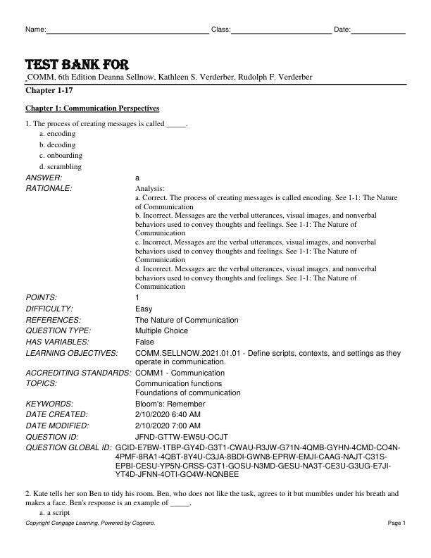 Test Bank For COMM, 6th Edition by Deanna Sellnow, Kathleen S. Verderber, Rudolph F. Verderber Chapter 1-17