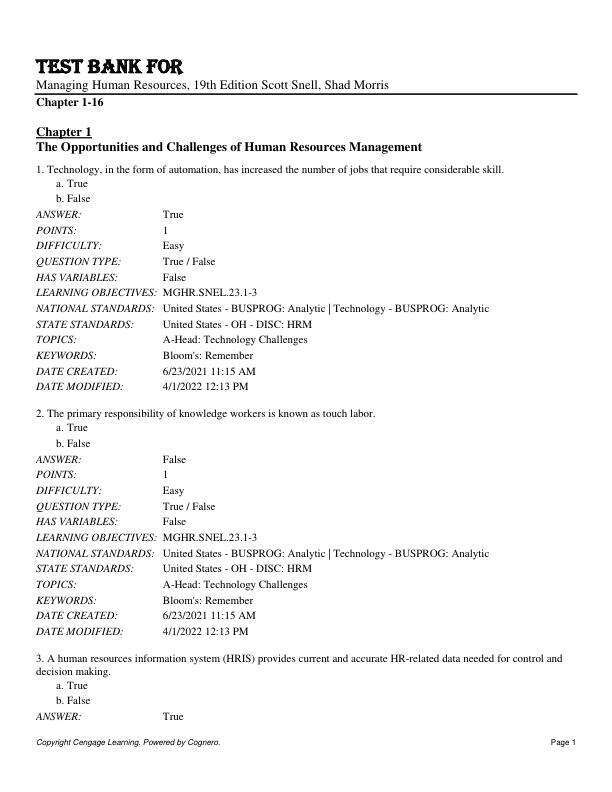 Test Bank For Managing Human Resources, 19th Edition by Scott Snell, Shad Morris Chapter 1-16