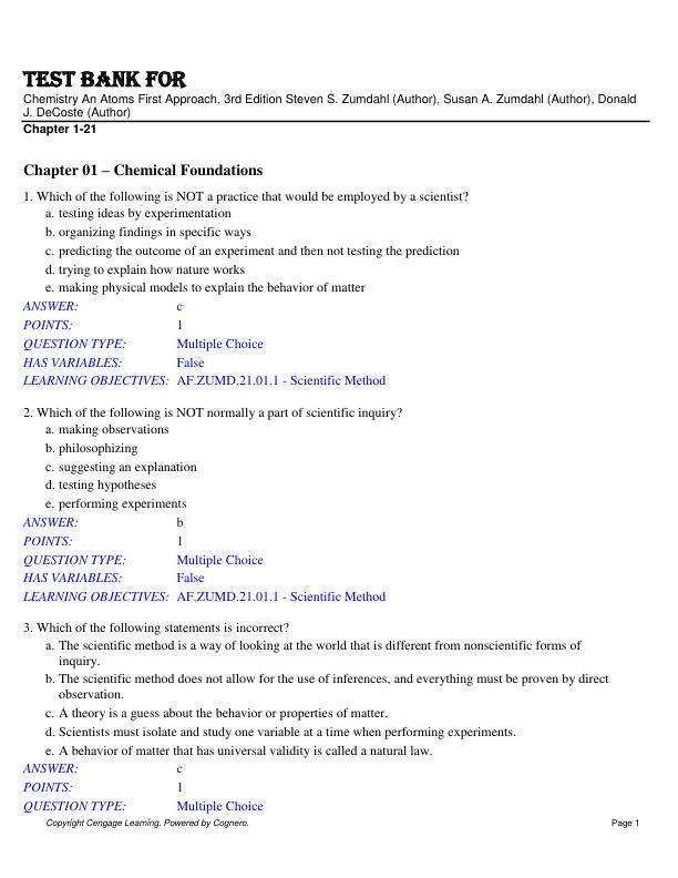 Test Bank For Chemistry An Atoms First Approach, 3rd Edition Steven S. Zumdahl (Author), Susan A. Zumdahl (Author), Donald J. DeCoste (Author) Chapter 1-21