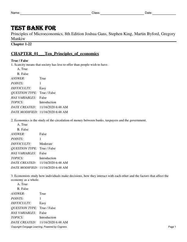 Test Bank For Principles of Microeconomics, 8th Edition by Joshua Gans, Stephen King, Martin Byford, Gregory Mankiw