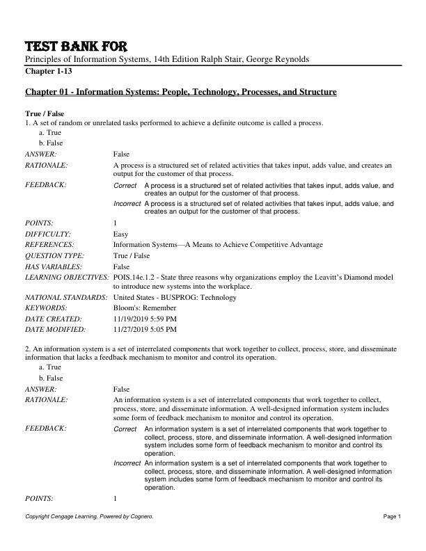 Test Bank For Principles of Information Systems, 14th Edition by Ralph Stair, George Reynolds Chapter 1-13