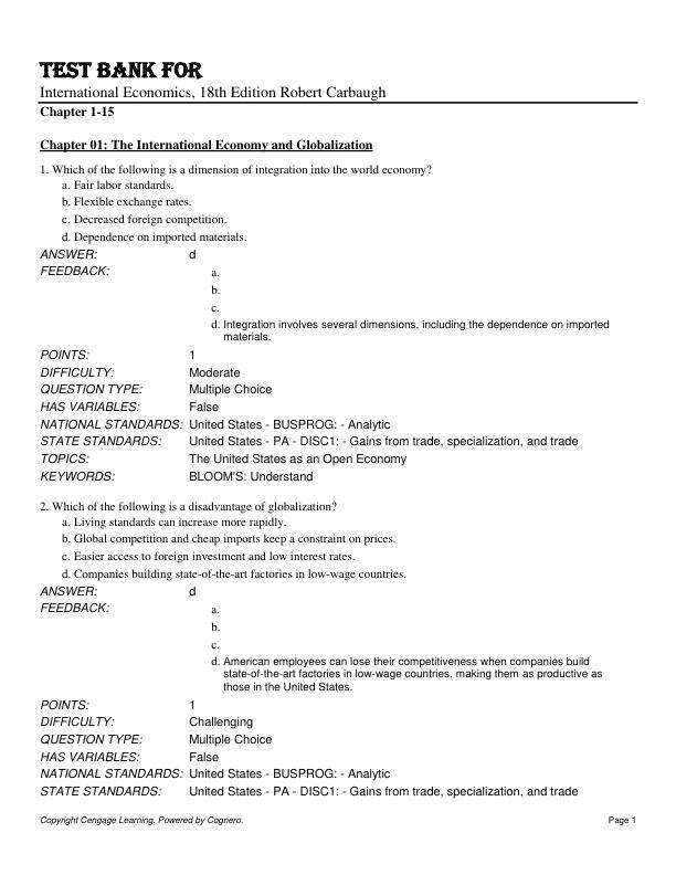 Test Bank For International Economics, 18th Edition by Robert Carbaugh Chapter 1-15