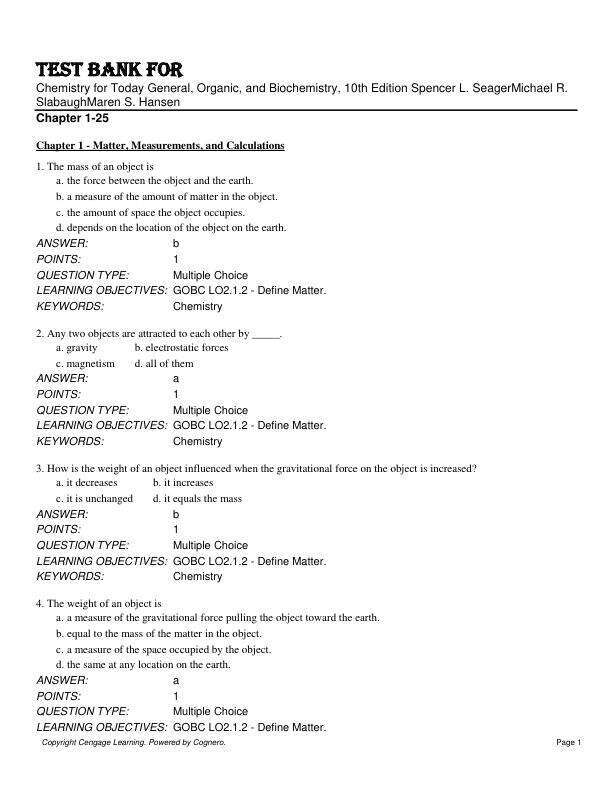 Test Bank For Chemistry for Today General, Organic, and Biochemistry, 10th Edition by Spencer L. SeagerMichael R. SlabaughMaren S. Hansen Chapter 1-25