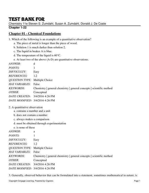 Test Bank For Chemistry 11e Steven S. Zumdahl, Susan A. Zumdahl, Donald J. DeCoste Chapter 1-22
