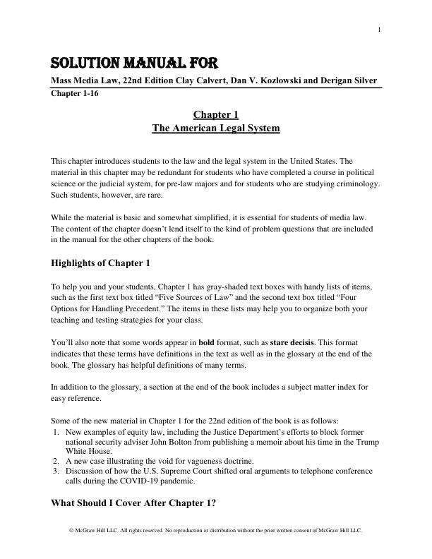 Solution Manual For Mass Media Law, 22nd Edition by Clay Calvert, Dan V. Kozlowski and Derigan Silve Chapter 1-16