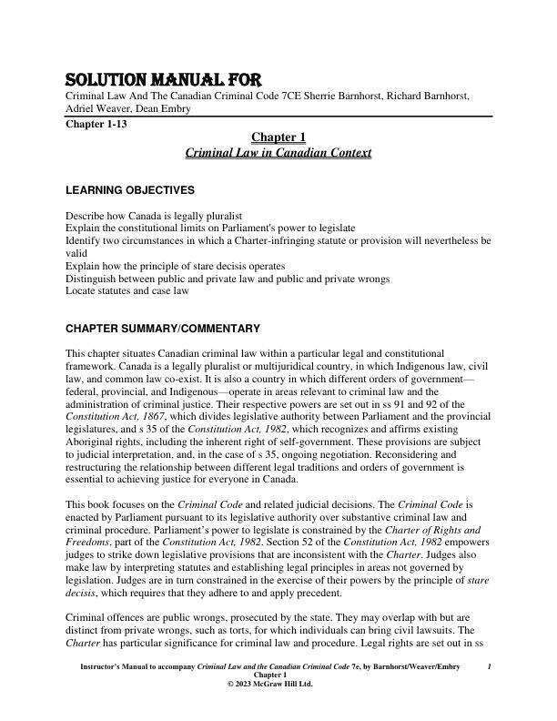 Solution Manual For Criminal Law And The Canadian Criminal Code 7th Canadian Edition by Sherrie Barnhorst, Richard Barnhorst, Adriel Weaver, Dean Embry Chapter 1-13