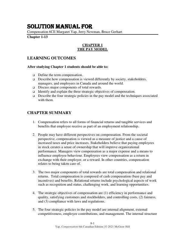 Solution Manual For Compensation 6th Canadian Eiditon by Margaret Yap, Jerry Newman, Bruce Gerhart Chapter 1-13