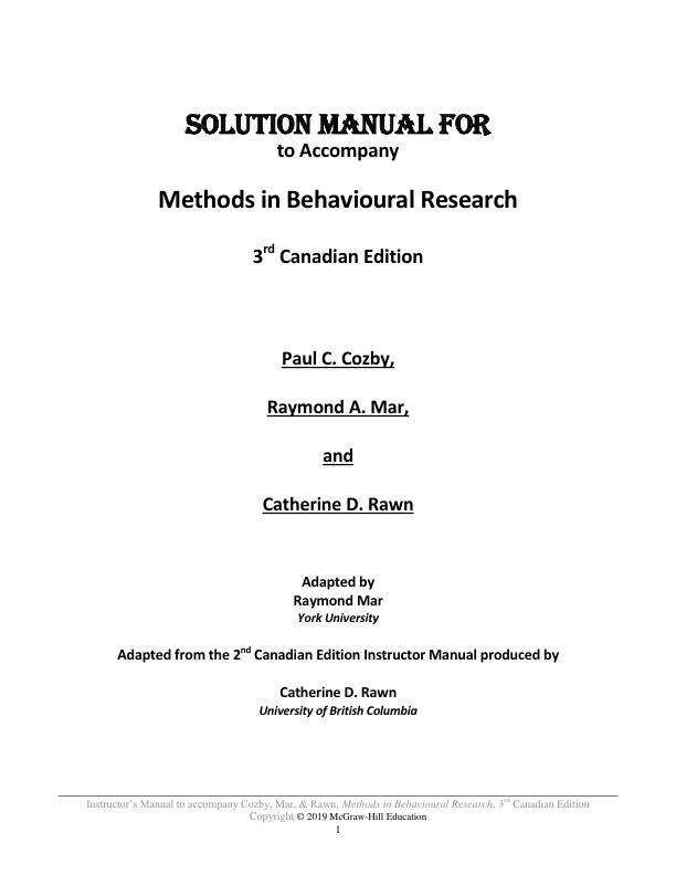 Solution Manual For Methods In Behavioural Research 3rd Canadian Edition By Paul C. Cozby, Raymond A. Mar, Scott Bates