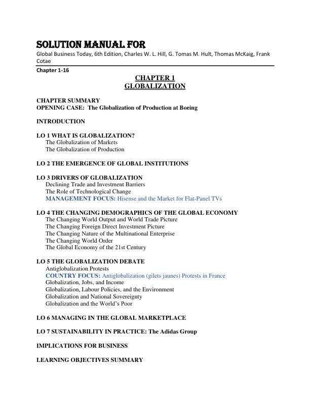 Solution Manual For Global Business Today, 6th Edition, by Charles W. L. Hill, G. Tomas M. Hult, Thomas McKaig, Frank Cotae Chapter 1-16