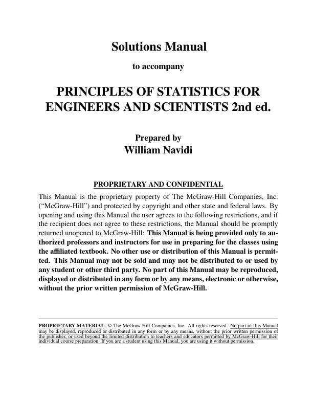 Solution Manual For Principles of Statistics for Engineers and Scientists, 2nd Edition by William Navidi