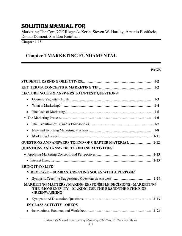 Solution Manual For Marketing The Core 7th Canadian Edition by Roger A. Kerin, Steven W. Hartley, Arsenio Bonifacio, Donna Dumont, Sheldon Koufman Chapter 1-15
