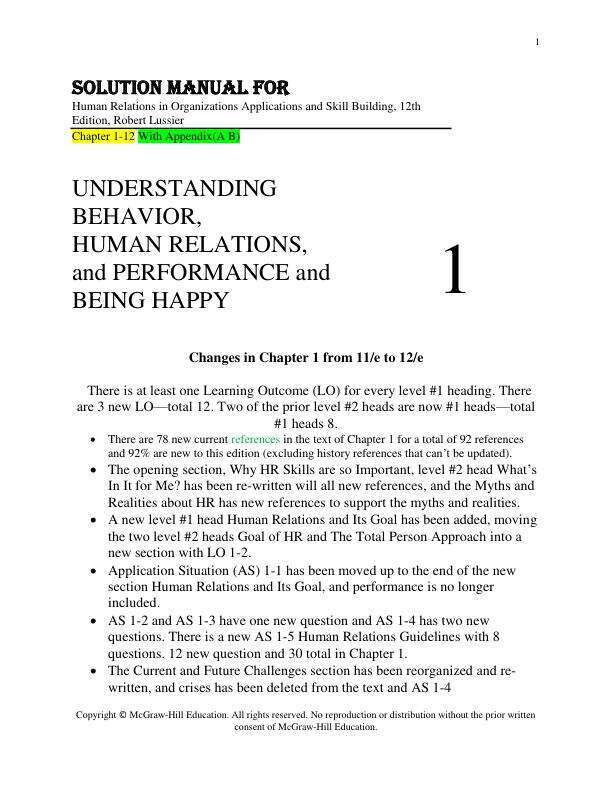 Solution Manual For Human Relations in Organizations Applications and Skill Building, 12th Edition, by Robert Lussier Chapter 1-12