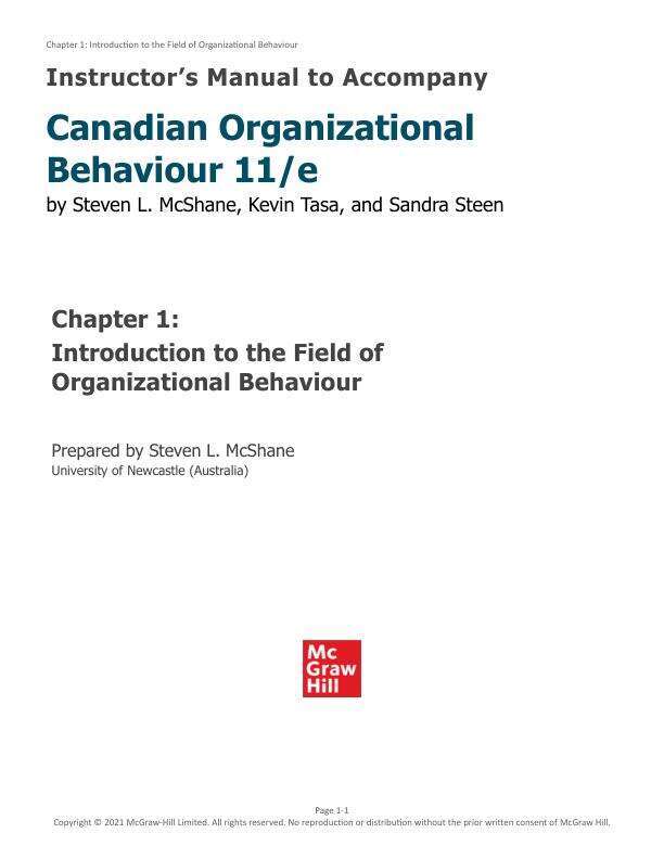 Solution Manual For Canadian Organizational Behaviour 11th Edition by Steven McShane, Kevin Tasa, Sandra Steen Chapter 1-15