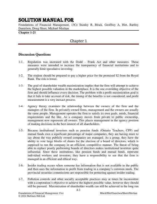 Solution Manual For Foundations of Financial Management, 13th Canadian Edition by Stanley B. Block, Geoffrey A. Hirt, Bartley Danielsen, Doug Short, Michael Meehan Chapter 1-21