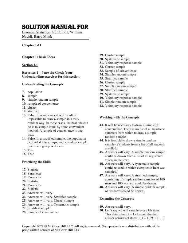 Solution Manual For Essential Statistics, 3rd Edition by William Navidi, Barry Monk Chapter 1-11