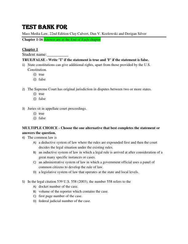Test Bank For Mass Media Law, 22nd Edition by Clay Calvert, Dan V. Kozlowski and Derigan Silver Chapter 1-16
