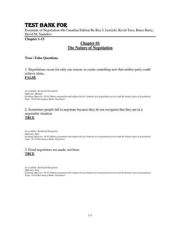 Test Bank For Essentials Of Negotiation 4th Canadian Edition By Roy J. Lewicki, Kevin Tasa, Bruce Barry, David M. Saunders Cahpter 1-13