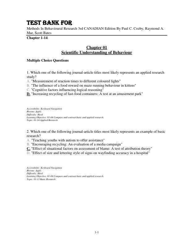 Test Bank For Methods In Behavioural Research 3rd Canadian Edition By Paul C. Cozby, Raymond A. Mar, Scott Bates