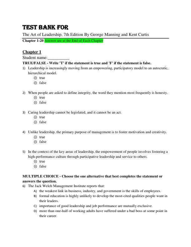 Test Bank For The Art of Leadership, 7th Edition By George Manning and Kent Curtis Chapter 1-20