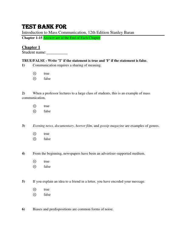 Test Bank For Introduction to Mass Communication, 12th Edition by Stanley Baran Chapter 1-15