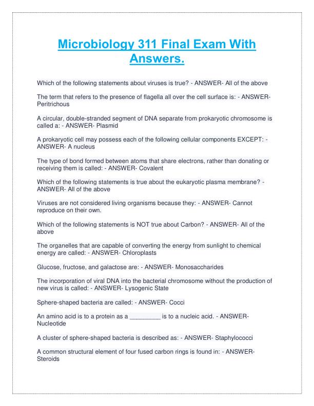 Microbiology 311 Final Exam With  Answers.