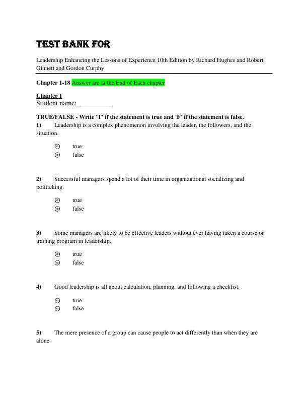 Test Bank For Leadership Enhancing the Lessons of Experience 10th Edition By Richard Hughes and Robert Ginnett and Gordon Curphy Chapter 1-18