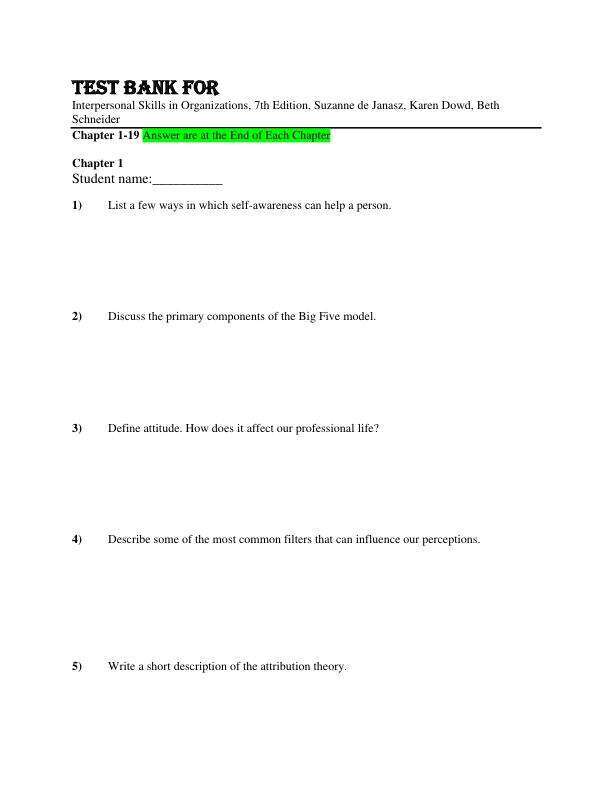 Test Bank For Interpersonal Skills in Organizations, 7th Edition, by Suzanne de Janasz, Karen Dowd, Beth Schneider Chapter 1-19