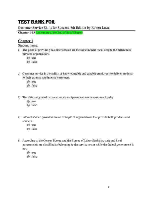 Test Bank For Customer Service Skills for Success, 8th Edition by Robert Lucas Chapter 1-13