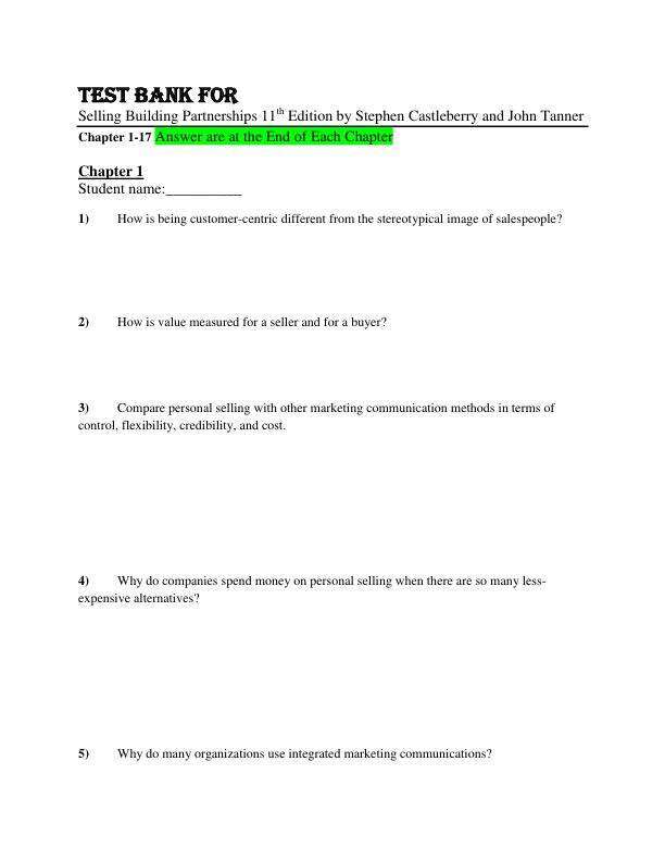Test Bank For Selling Building Partnerships 11th Edition by Stephen Castleberry and John Tanner Chapter 1-17