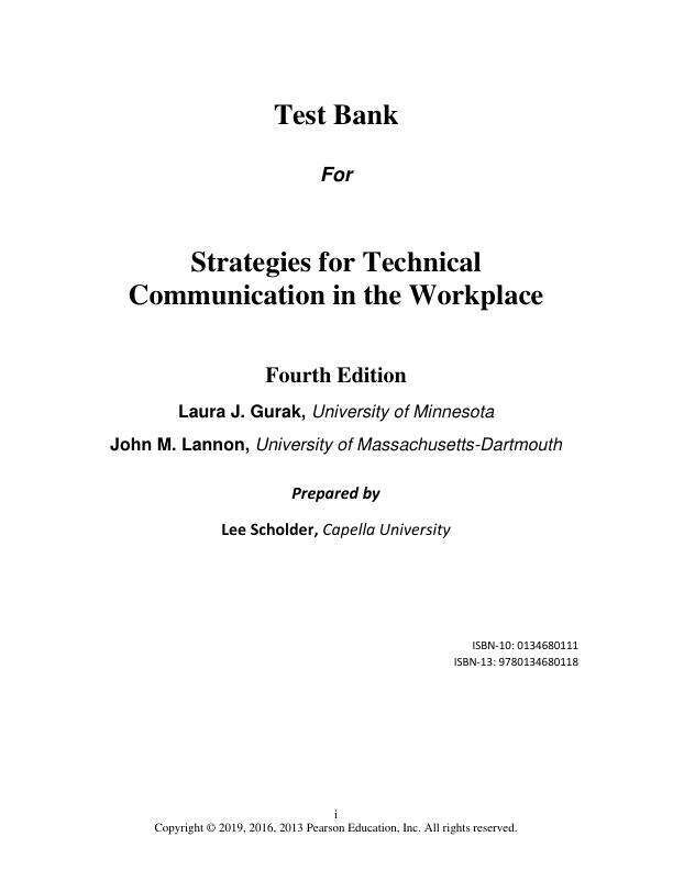 Test Bank for Strategies for Technical Communication in the Workplace, 4th Edition by Laura J. Gurak, John M. Lannon