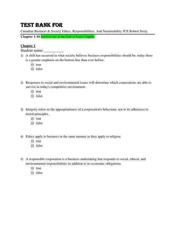 Test Bank For Canadian Business & Society Ethics, Responsibilities, And Sustainability 5th Canadian Edition Robert Sexty Chapter 1-16