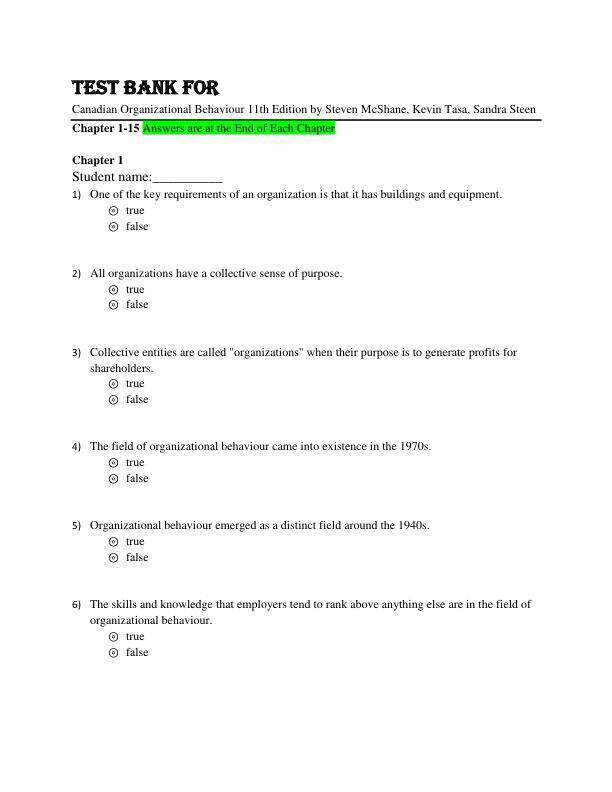 Test Bank For Canadian Organizational Behaviour 11th Edition by Steven McShane, Kevin Tasa, Sandra Steen Chapter 1-15
