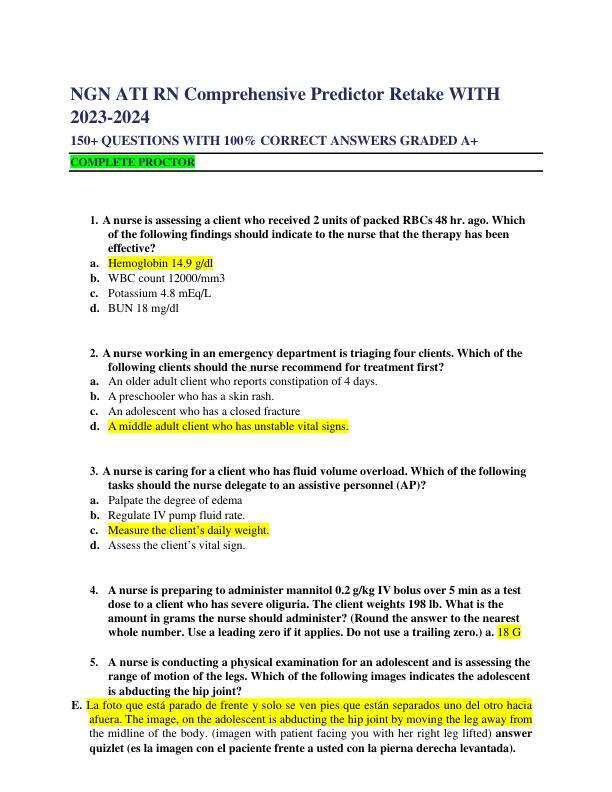 NGN ATI RN Comprehensive Predictor Retake WITH 2023-2024, 150+ QUESTIONS WITH 100% CORRECT ANSWERS GRADED A+