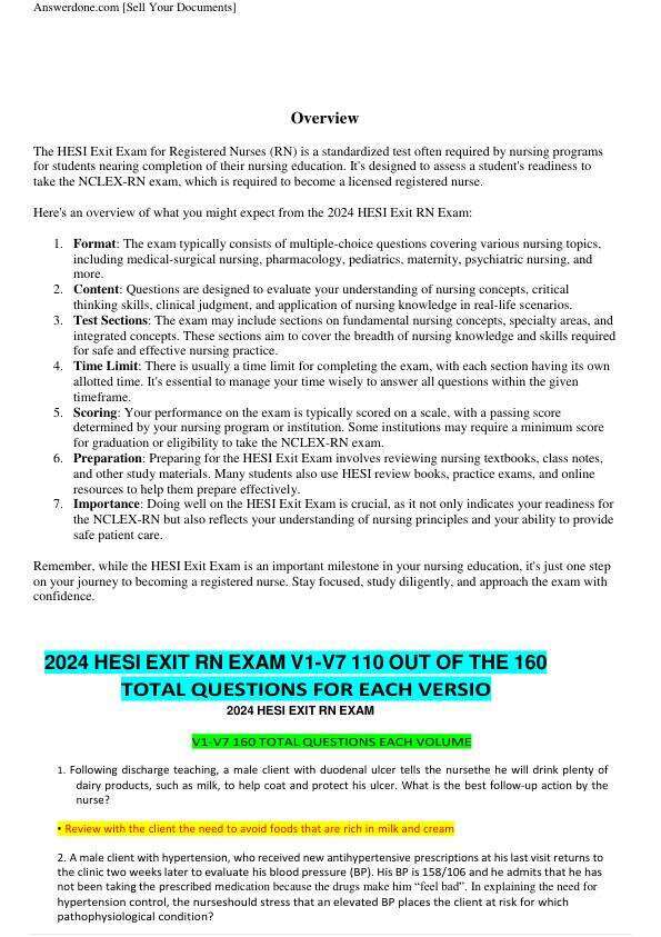 2024 HESI EXIT RN EXAM V1-V7 110 OUT OF THE 160
