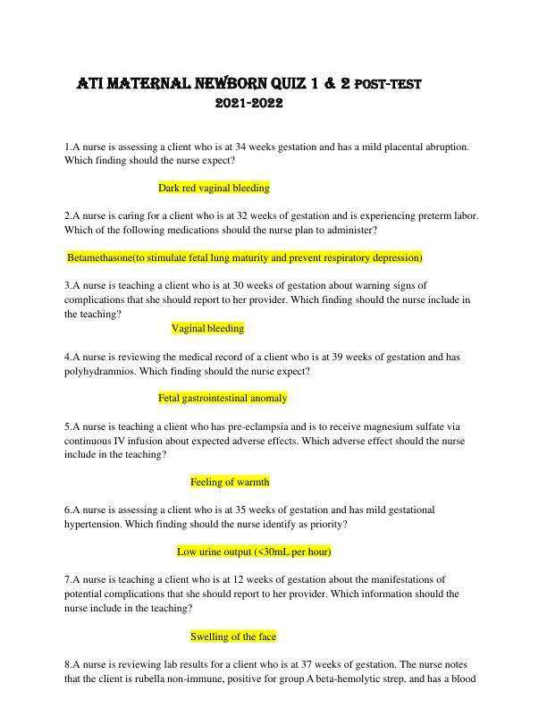 ATI Maternal Newborn quiz 1 & 2 POST-TEST 2021-2022-converted