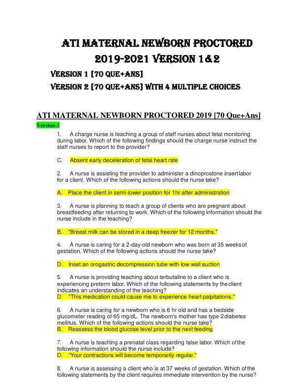 ATI MATERNAL NEWBORN PROCTORED 2019 Version 1&2