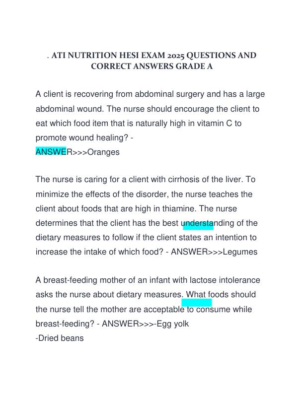 ATI NUTRITION HESI EXAM 2025 QUESTIONS AND CORRECT ANSWERS GRADE A