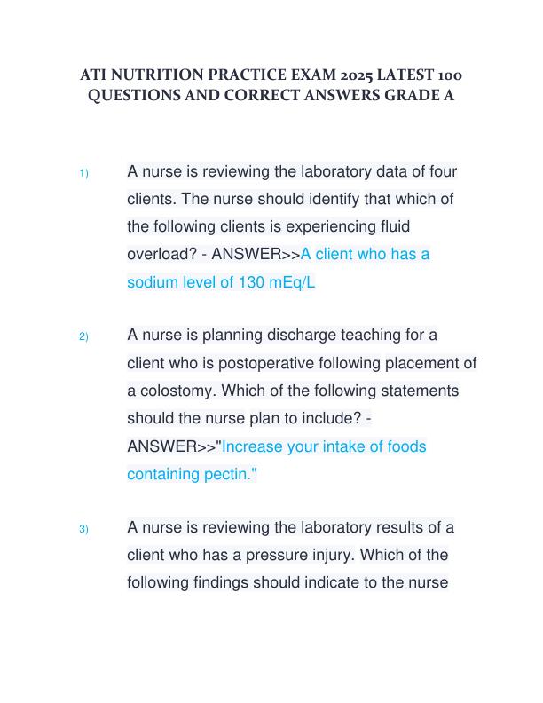 ATI NUTRITION PRACTICE EXAM 2025 LATEST 100 QUESTIONS AND CORRECT ANSWERS GRADE A